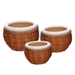 [S-V5864230000] Coprivaso in ceramica bianco con dettaglio in vimini - Dimensioni: 31x31x21 cm