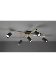 [S-TRIO612400580] Faretto Spot Marley Bacchette Oro 5 Spot Cilindrici Neri Orientabili