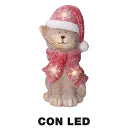 [S-V6315630000] Gatto in resina con cappello rosso, illuminazione a LED, dimensioni 19,5x18,5x40 cm