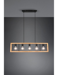 [S-TRIO313800532] Lampadario Rettangolare in Legno Naturale e Nero con 5 Luci