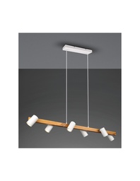 [S-TRIO312490631] Lampadario Sospensione Legno 6 Spot Bianco Cilindrici Orientabili