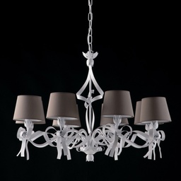 [S-BL184-8-BCO] Lampadario  ferro laccato bianco con decorazione shabby 8 luci con paralumi in pvc tortora