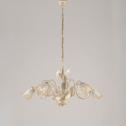 [S-BL179-5-AV] Lampadario in ferro Avorio Oro Vetri Bianchi Ambra cinque luci 73x h43 cm