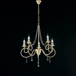 [S-BL148-5-AV] Lampadario in ferro Avorio cinque luci decorazione decape e strass 58x h72 cm