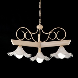 [S-BL194-3-AV] Lampadario legno e ferro laccato avorio con decorazione decape 3 luci con vetro in piastra