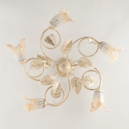 [S-BL179-PL5-AV] Plafoniera in ferro Avorio Oro Vetri Bianchi Ambra cinque luci 70x h20 cm