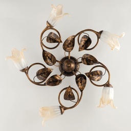 [S-BL179-PL5-BR] Plafoniera in ferro Marrone Oro Vetri Bianchi Ambra cinque luci 70x h20 cm