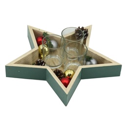 [S-V6079490000] Portacandele in legno naturale verde a forma di stella - Set da 3 - 28x25x8 cm
