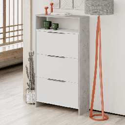 [S-FZ99292] Scarpiera Kaju 3 ante a ribalta bianco e struttura effetto marmo grigio