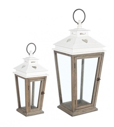 [S-B0140721] Set di 2 Lanterne a Cuore Bianco-Naturale - Legno di Abete, Ferro, Vetro - Dimensioni: 32x32x73 cm e 24x24x51 cm