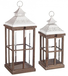 [S-B0140722] Set di 2 Lanterne in Merletto Bianco-Nat. - Legno di Abete, Ferro, Vetro - Dimensioni: 30x30x78 cm e 22x22x55 cm