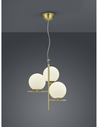[S-TRIO302000308] Sospensione 3 Luci Sfere Vetro Bianco Ottone Ø40 cm
