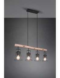 [S-TRIOR30614032] Sospensione Barra Legno 4 Luci Jaipur Industriale Vintage Nero E Legno Trio Lighting