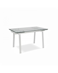 [S-OM/279/BI] Tavolo allungabile in vetro temperato con gambe in metallo, trasparente e bianco, 140-200 x 80 x 76 cm