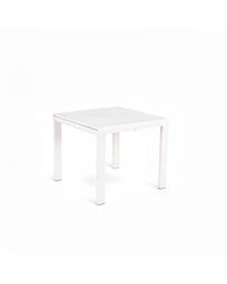 [S-OM/188/BI] Tavolo allungabile in vetro temperato, bianco extrawhite, con gambe in metallo, 90x90/163.5x76 cm