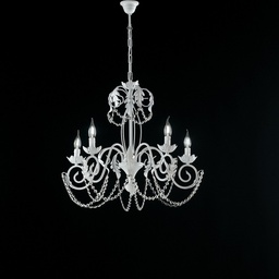 [SA-BL77-5-BCO] Lampadario in ferro Bianco Shabby strass damasco cinque luci 63x h65 cm