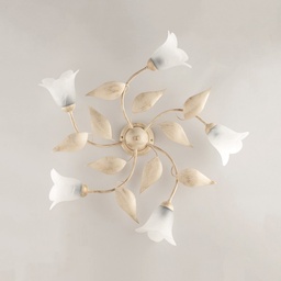 [SA-BL155-PL5-AV] Plafoniera in ferro Avorio Oro cinque luci vetri Alabastro Bianchi 70x h20 cm